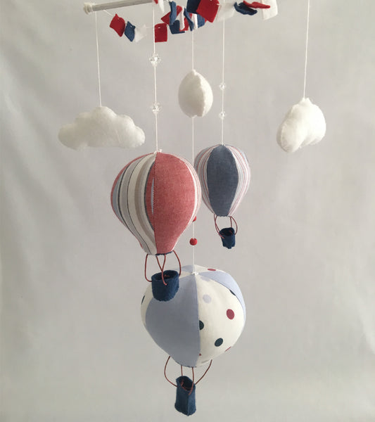 Hot Air Balloon Cot Mobile - Blue & Red Fabric