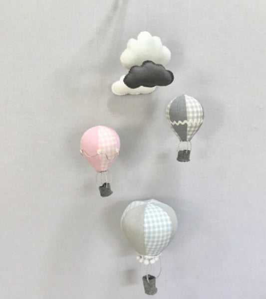 Hot Air Balloon Cot Mobile - Pink & Grey Fabric